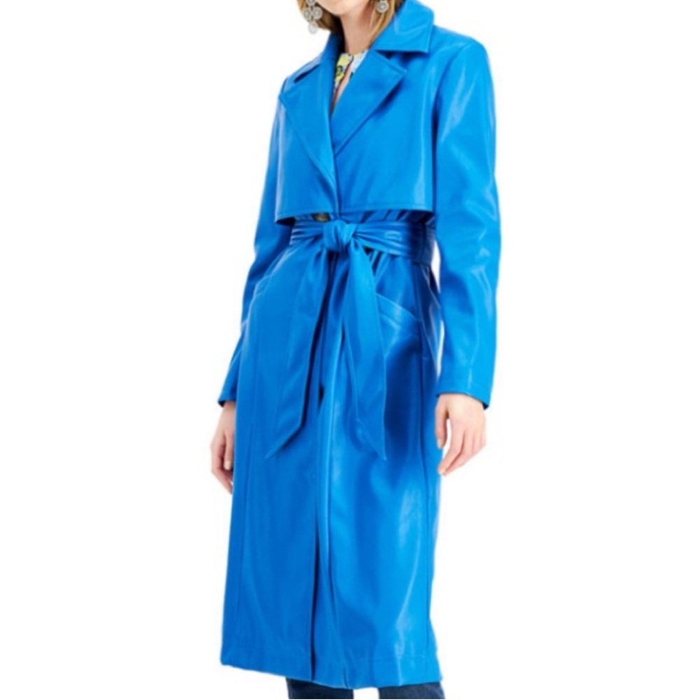 INC Faux-Leather Blue Long Trench Coat Size Medium